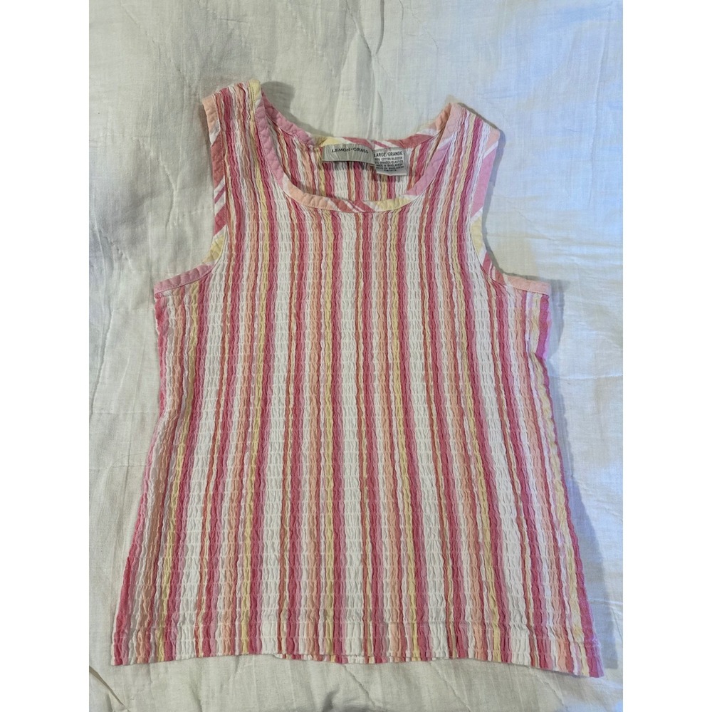 Vintage Lemon Grass Women‎ Large Pink Yellow Striped Crinkle Sleeveless Tank Top